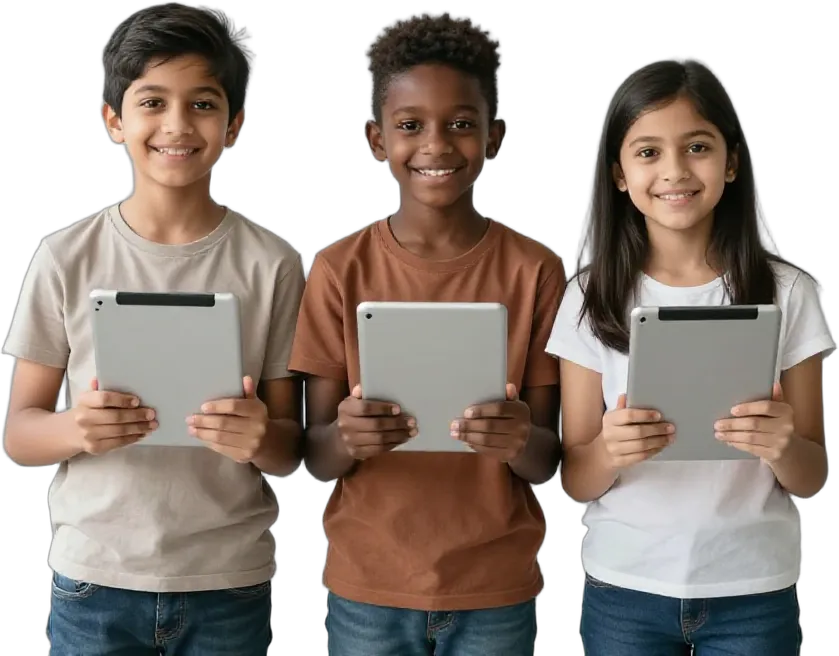 Three smiling children from different countries standing together with their tablets