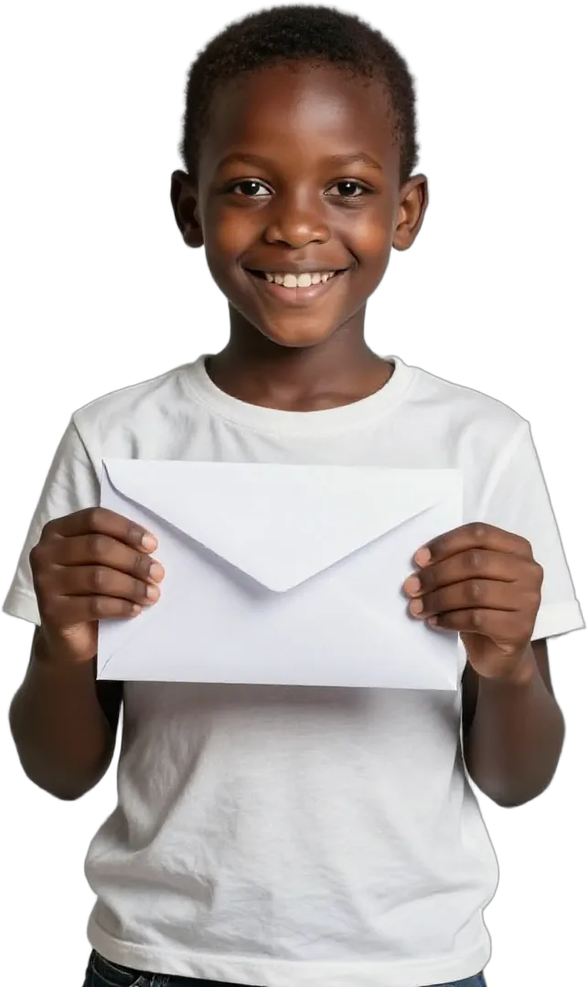 A beaming boy holding up his acceptance letter