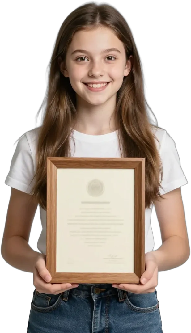 A proud teenage girl holding a framed certificate