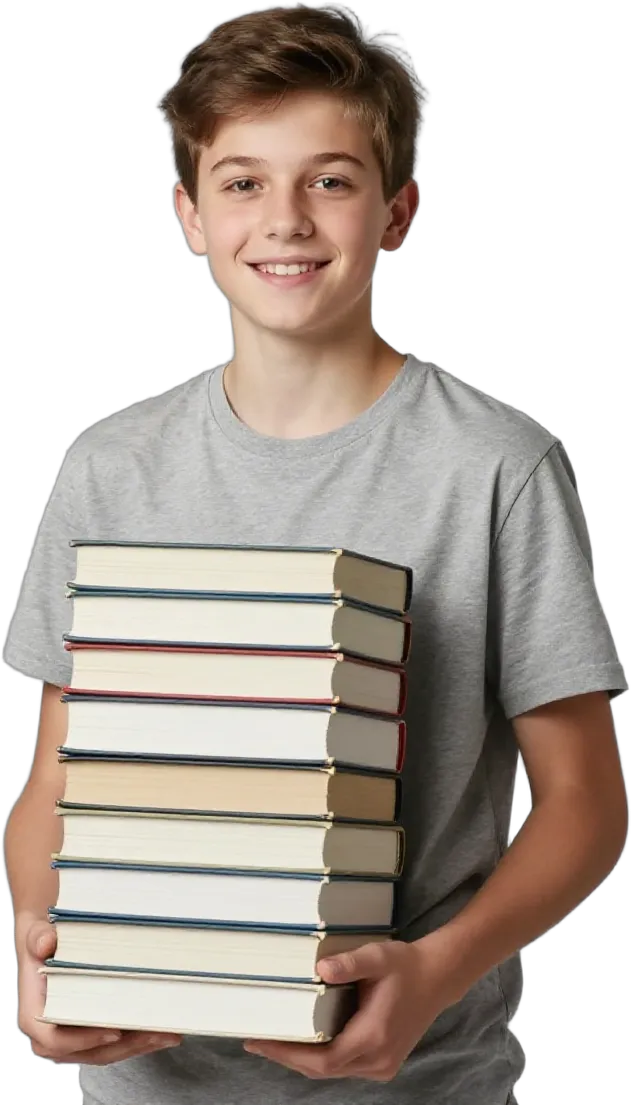 A cheerful teenage boy carrying a stack of textbooks