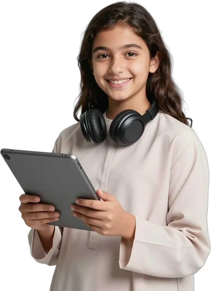 A grinning girl with headphones around her neck holding a tablet