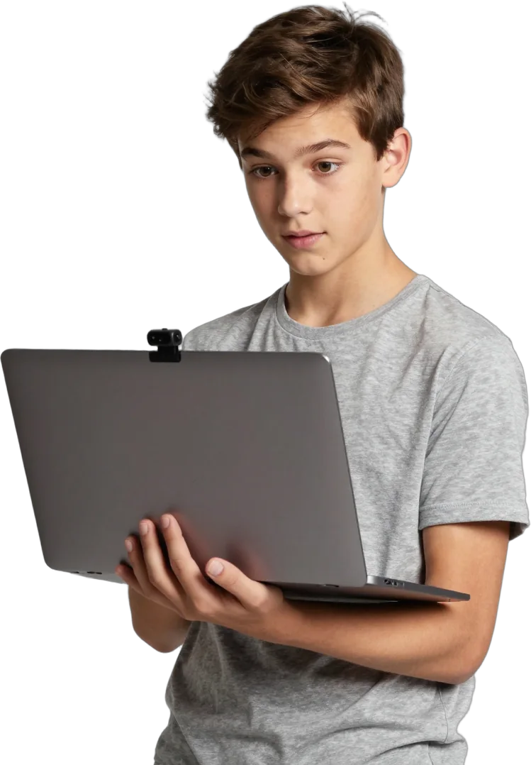 A teenage boy holding a laptop with a webcam