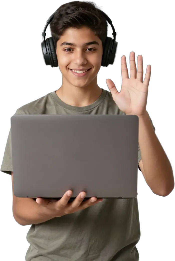 A teenage boy in headphones waving at a video call on his laptop