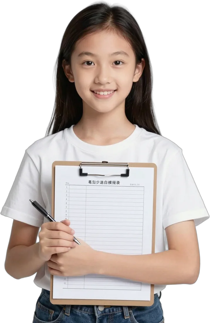 A girl holding a checklist on a clipboard