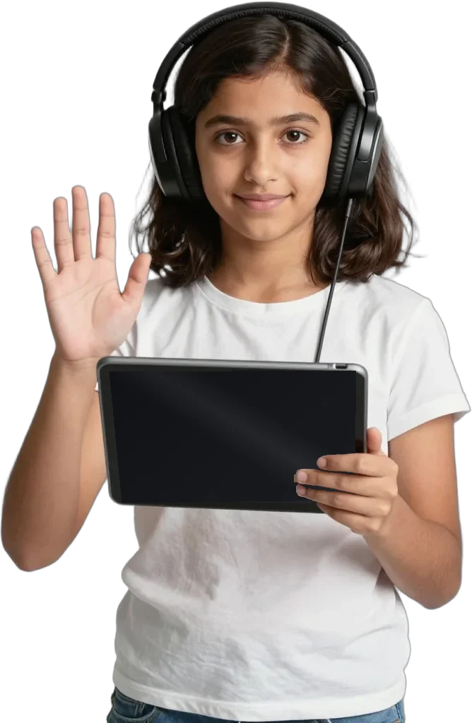 A girl with headphones waving, holding her tablet