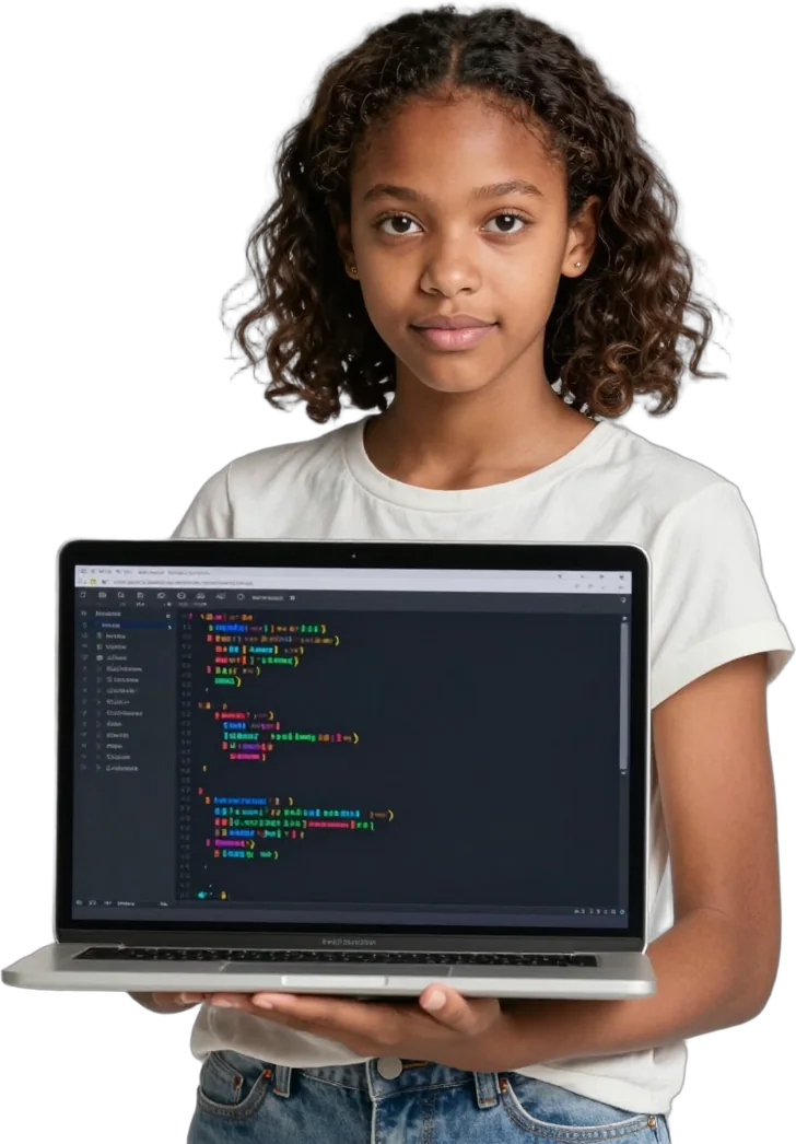 A girl holding a laptop with colourful code on screen
