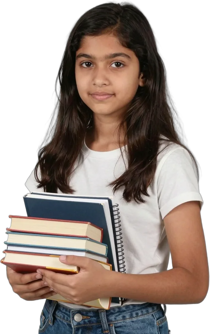 A girl holding a stack of novels and a notebook
