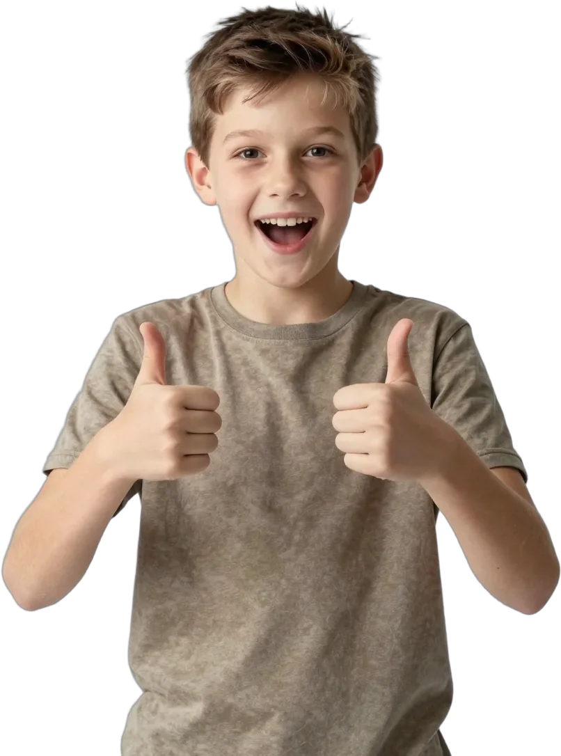 A boy giving an excited double thumbs-up