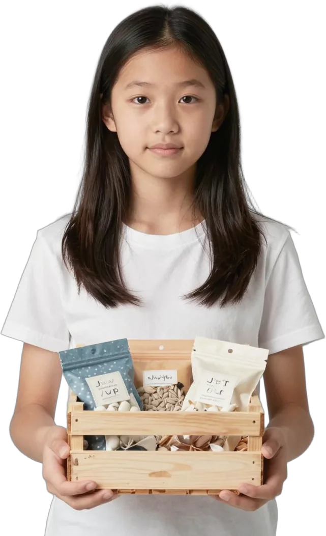 A girl holding a crate of handmade products she made