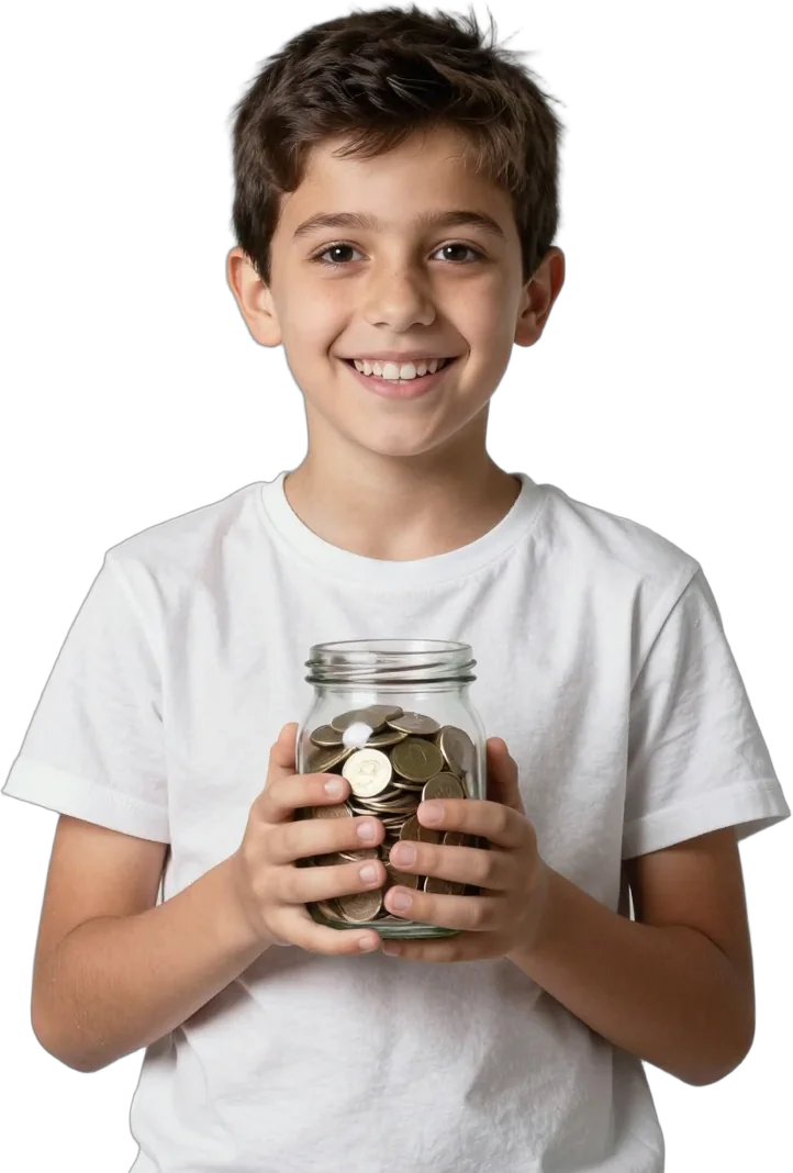 A boy holding a savings jar full of coins
