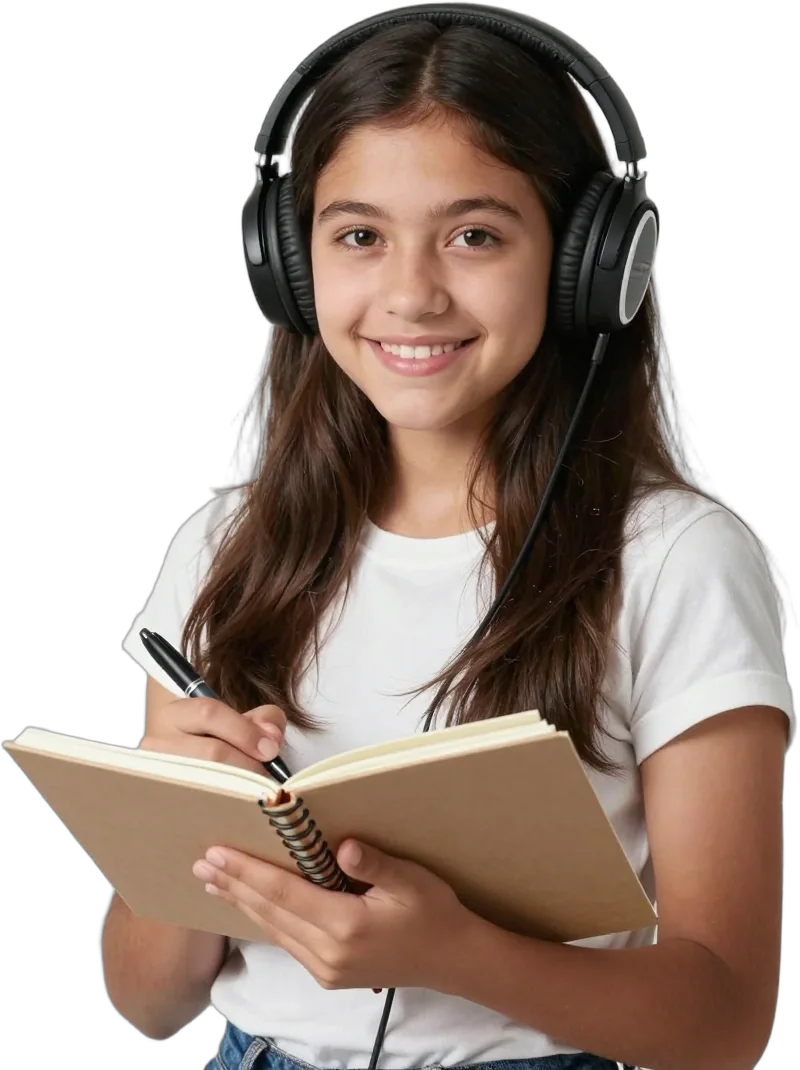 A teenage girl with headphones holding a notebook