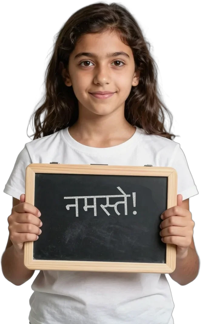 A girl holding a slate with Namaste written in Hindi in chalk