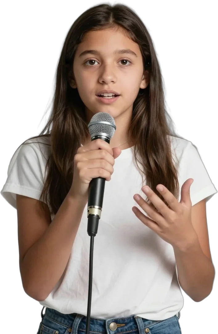 A girl speaking confidently into a microphone