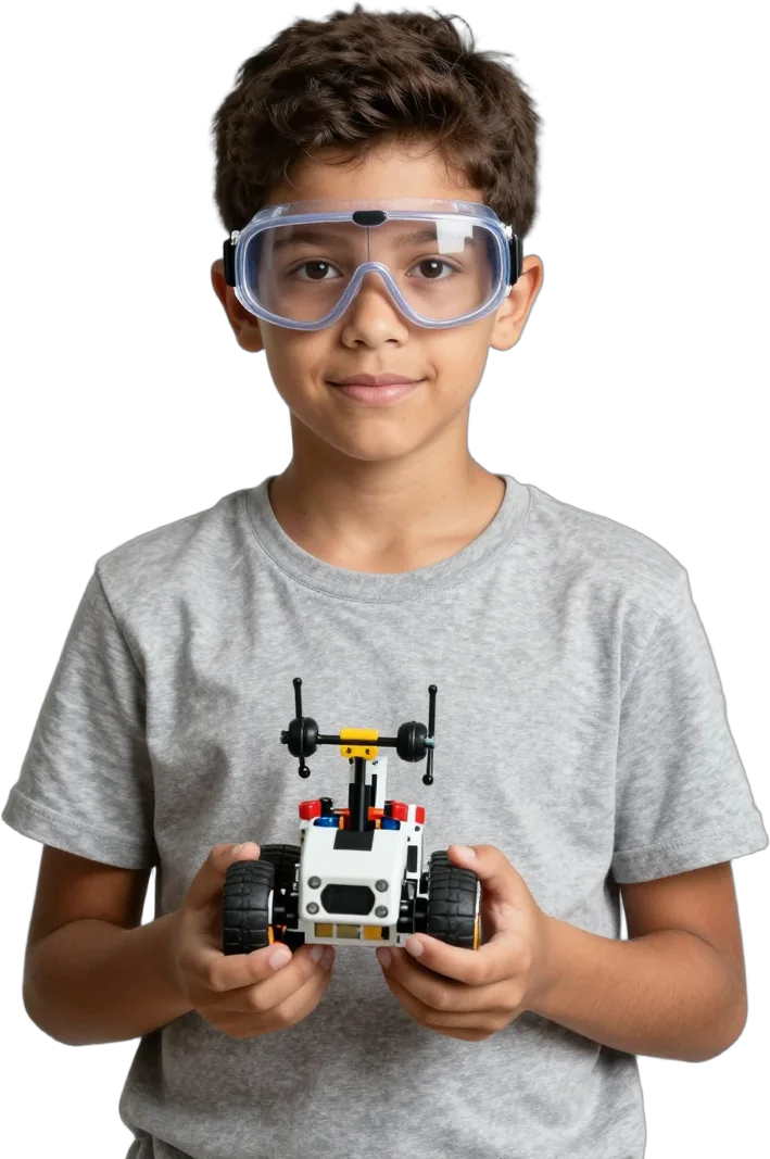 A proud boy in safety goggles holding a small robot he built