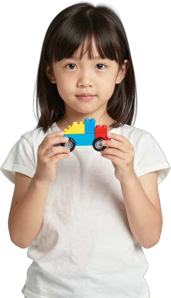 A young girl holding a toy car she built from construction pieces