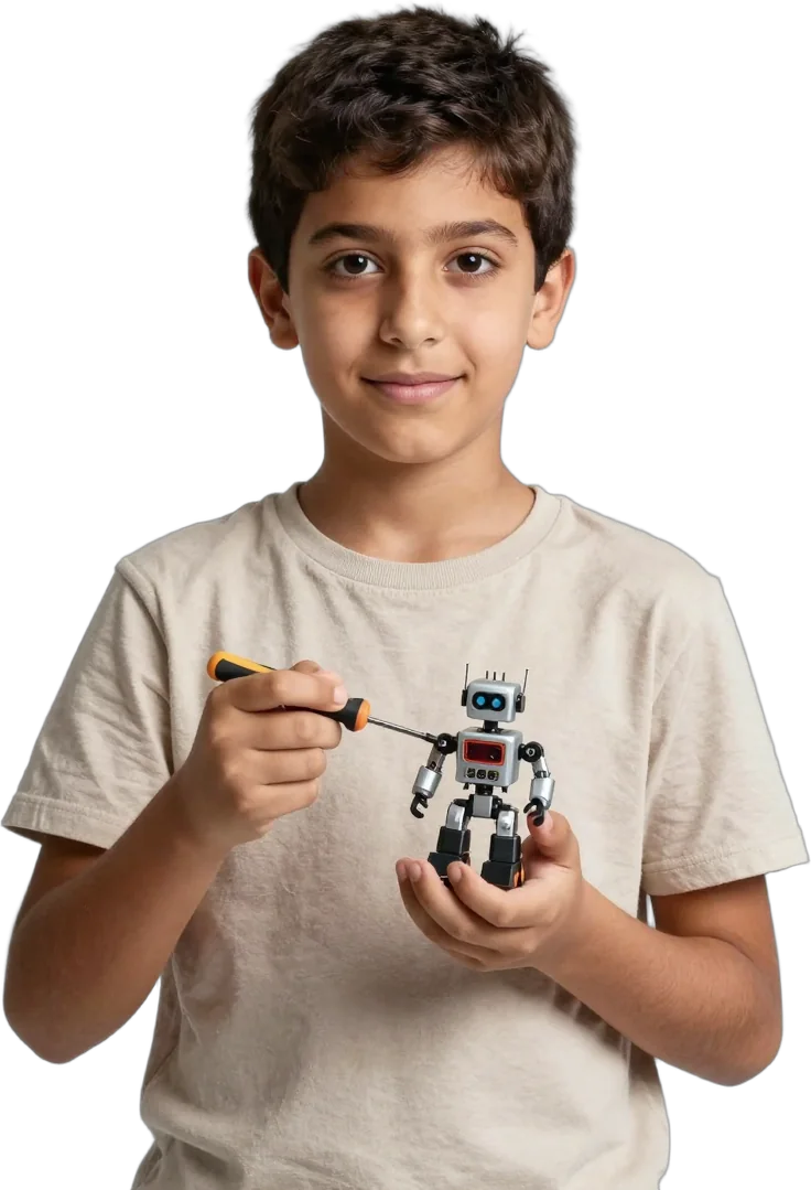 A boy holding a small robot kit and a screwdriver
