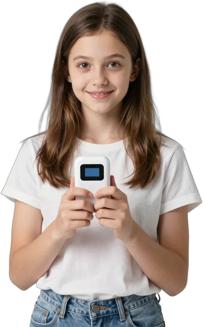A girl holding a small smart sensor device