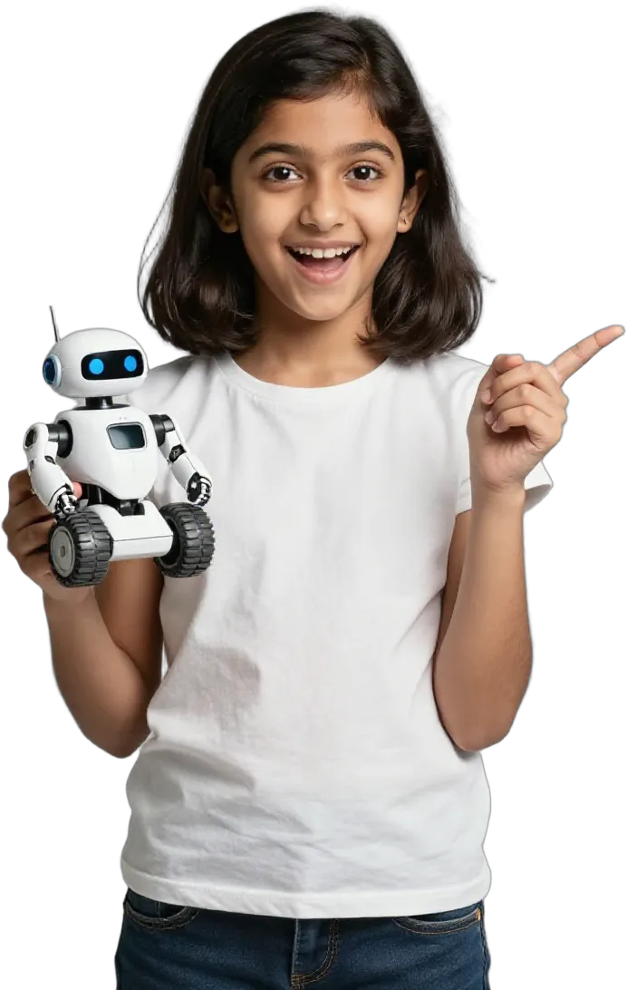 An excited girl holding a small robot and pointing ahead