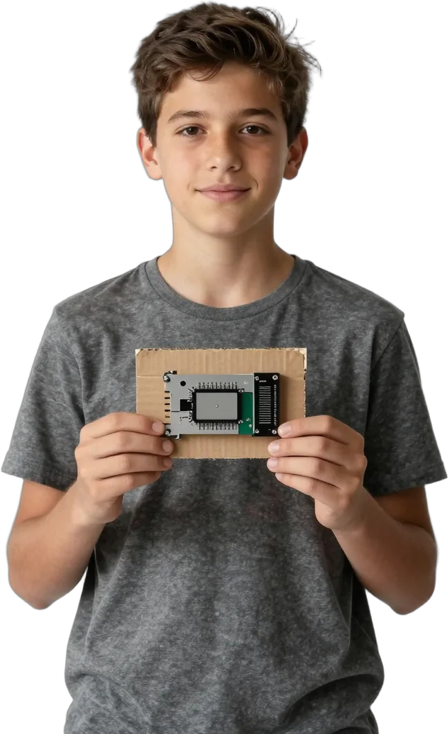 A boy holding his cardboard and electronics prototype