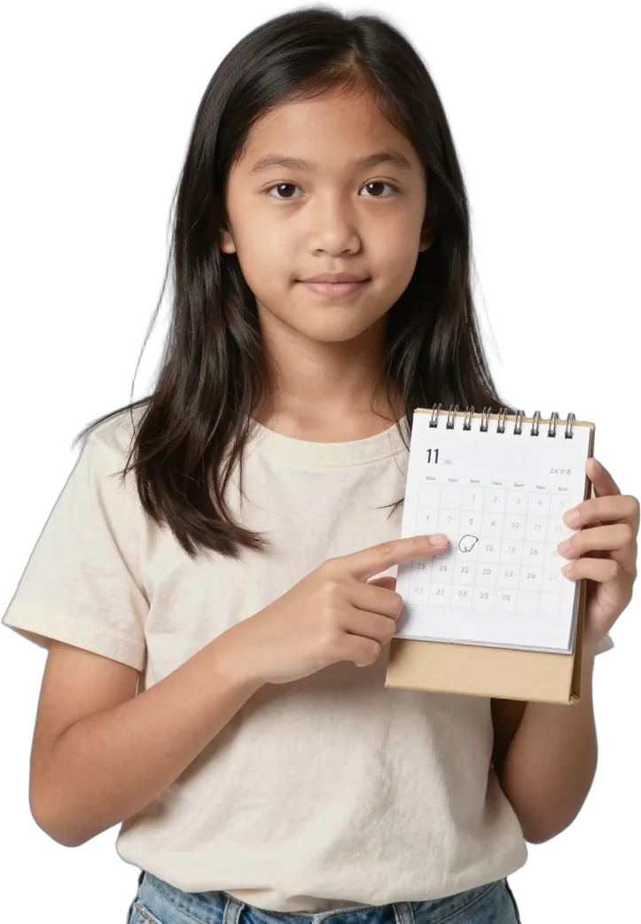 A girl pointing at a date on a desk calendar