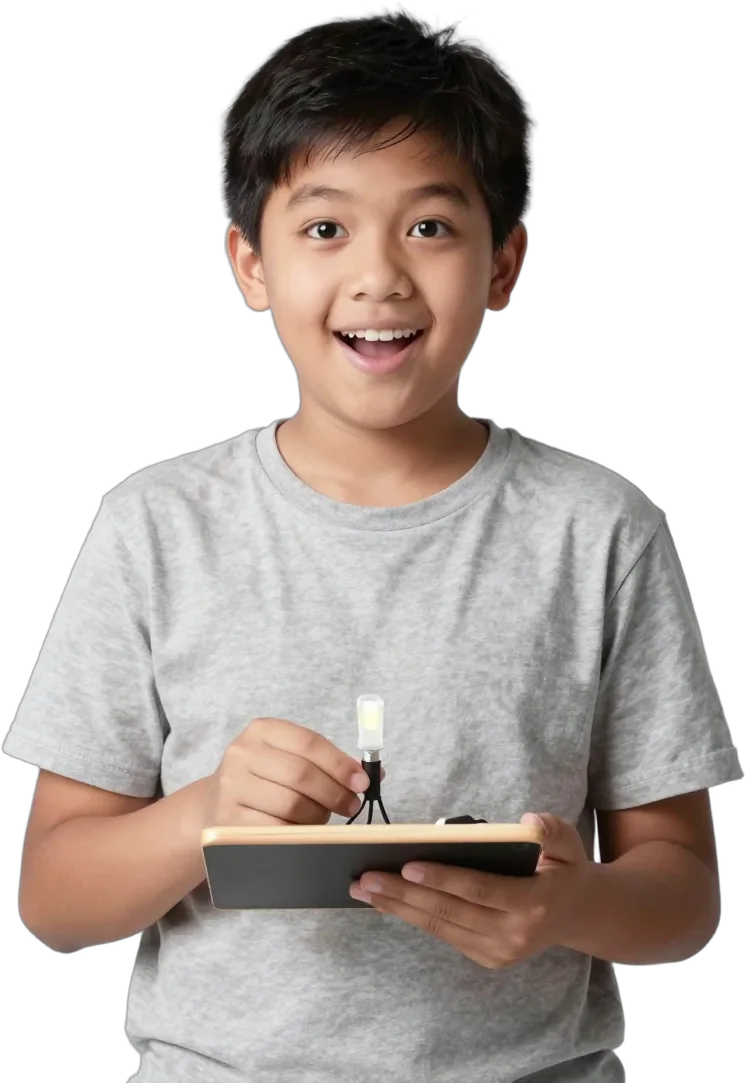 A boy holding a breadboard with a glowing LED