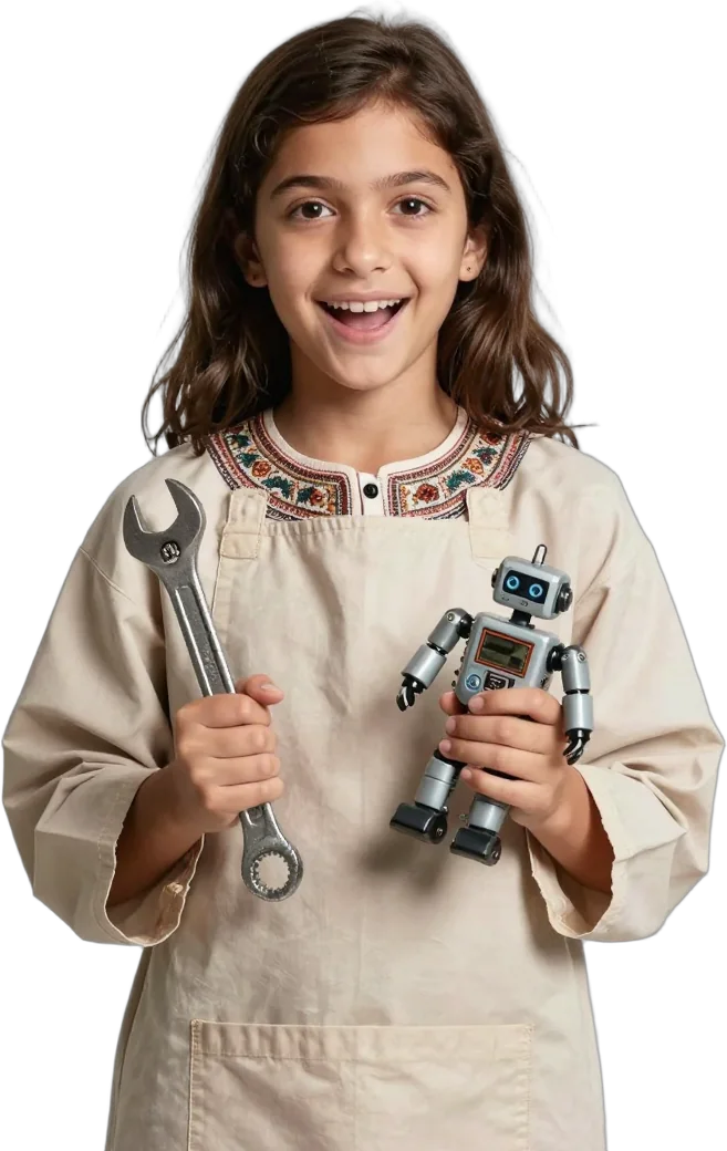 A girl in a workshop apron holding a wrench and a toy robot