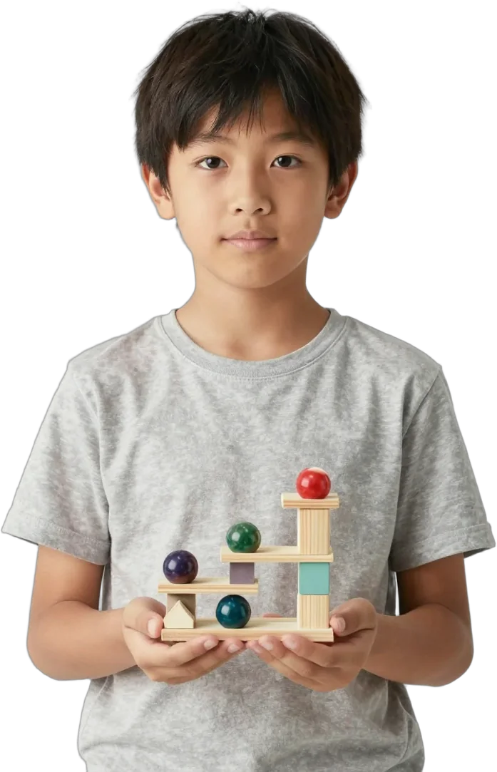 A boy holding a marble-run model he made