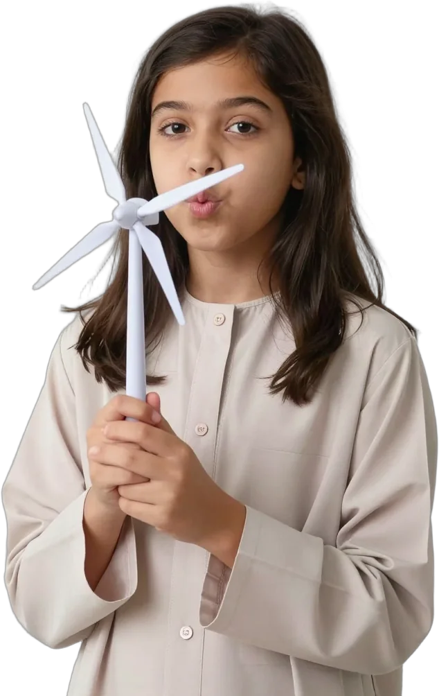 A girl blowing on the blades of a small wind turbine model