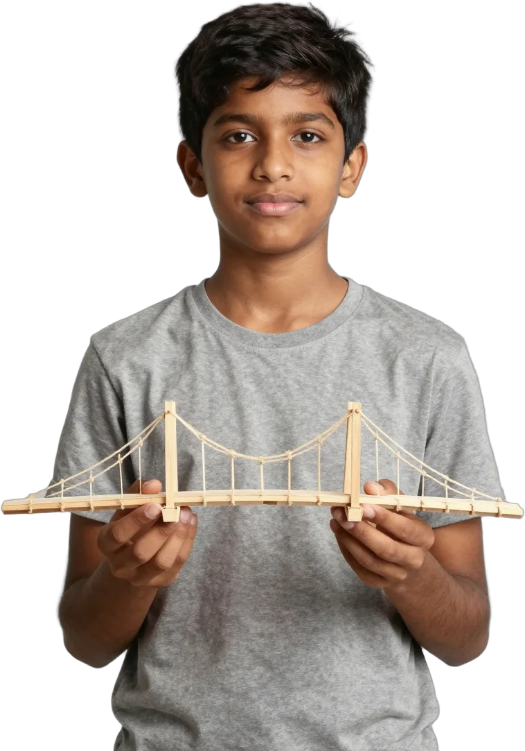 A boy holding a bridge model made from wooden sticks