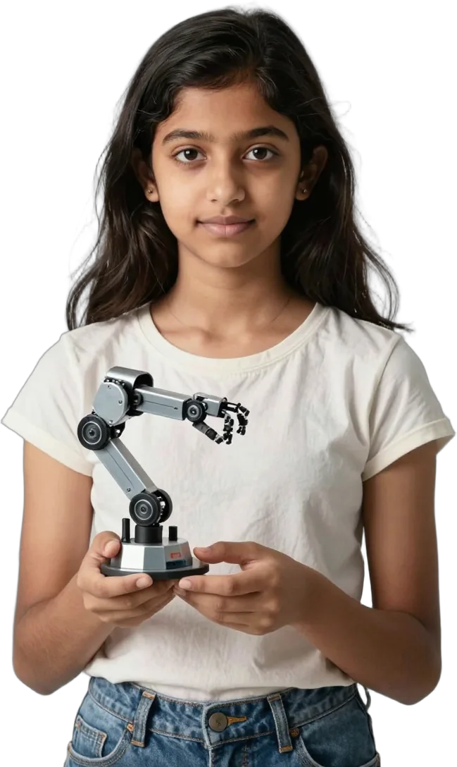 A girl holding a small robotic arm she designed