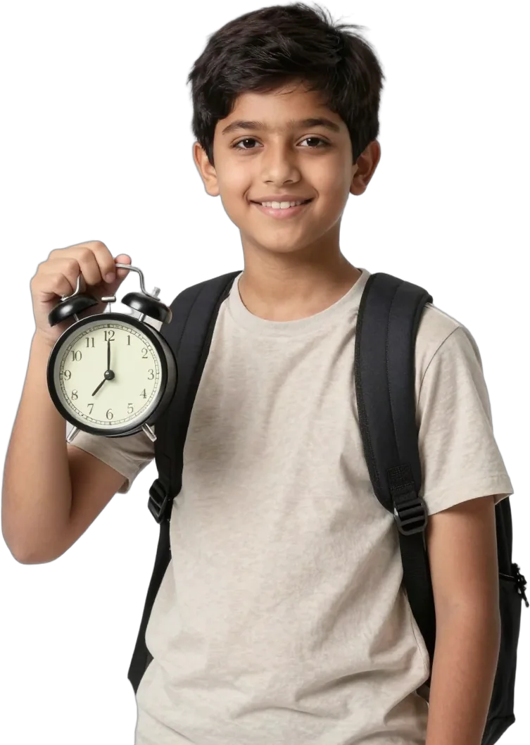 A boy with a backpack holding a clock