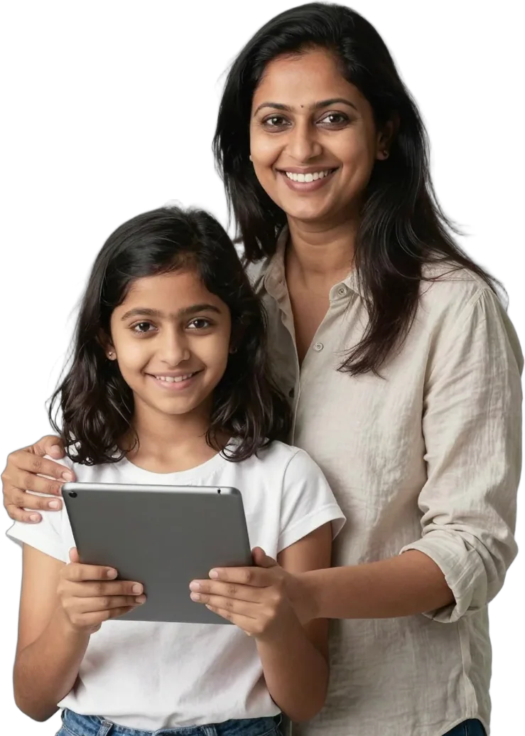 A smiling mother and her young daughter holding a tablet together
