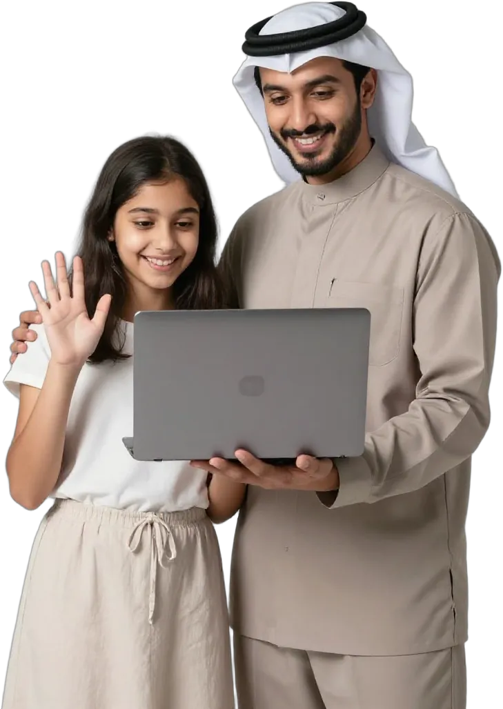 A father and daughter waving together at a video call on a laptop