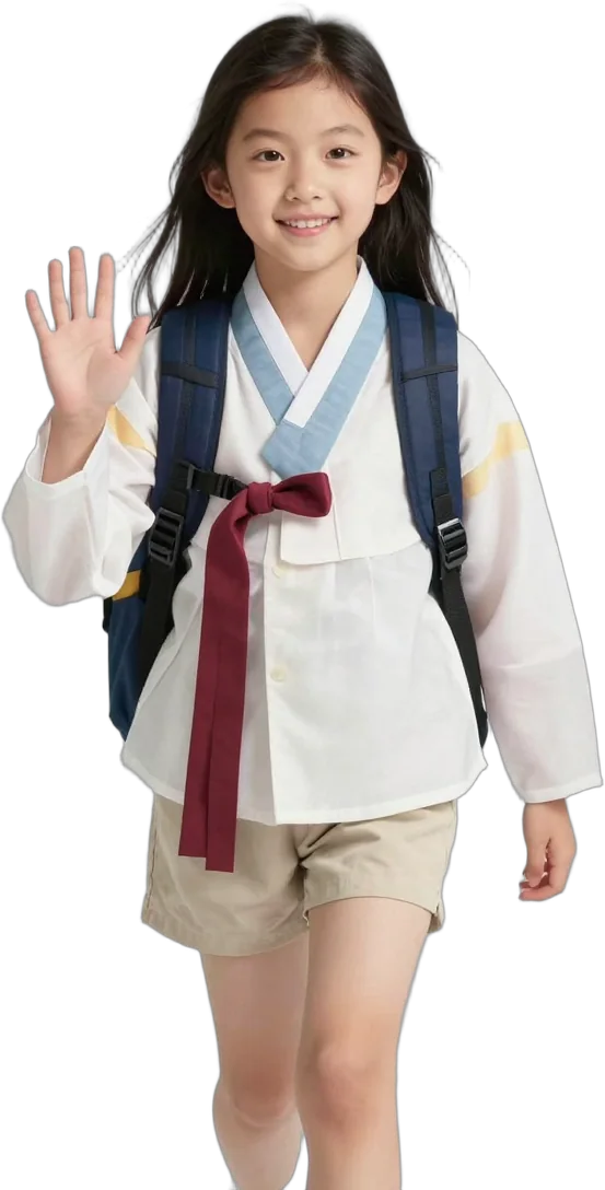 A girl with a backpack waving hello