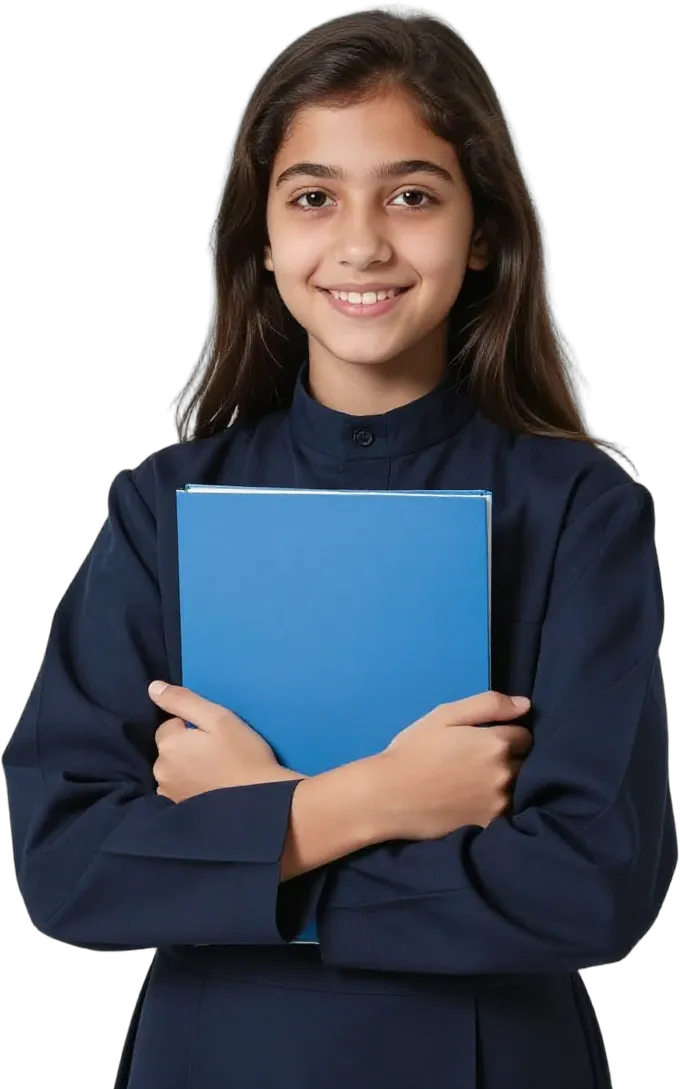 A confident girl in school uniform holding an admission folder