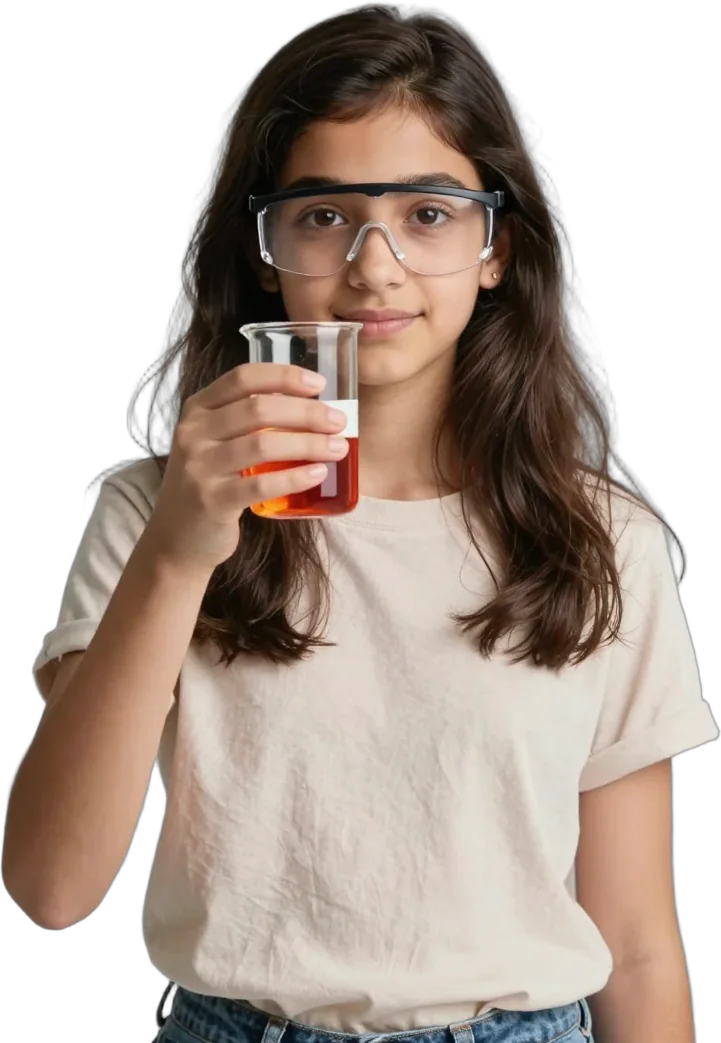 A girl in safety glasses holding a beaker of coloured liquid