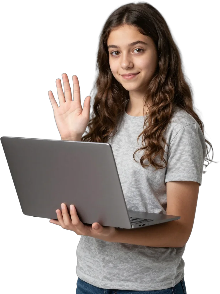 A girl waving at a video call on her laptop