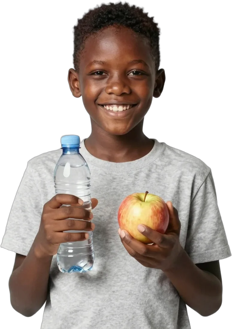 A smiling boy holding a water bottle and an apple