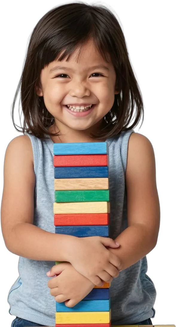 A little girl hugging a stack of colourful wooden blocks