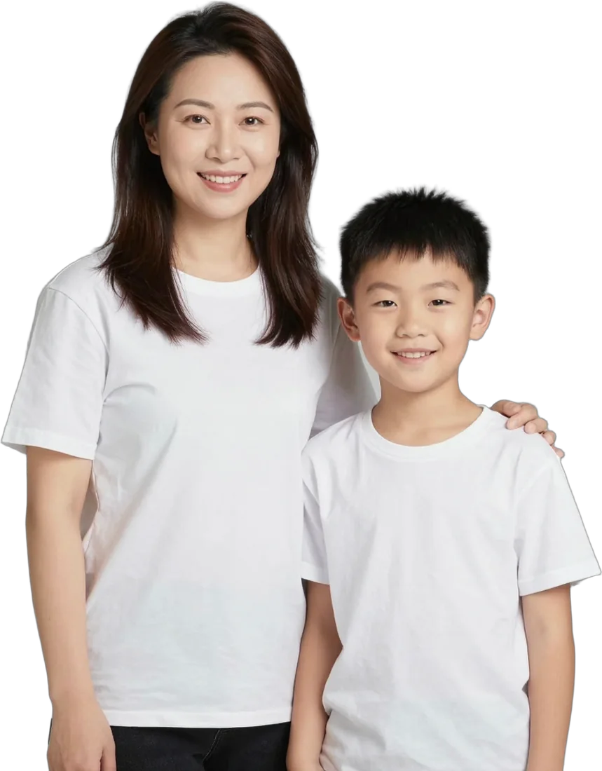 A young boy holding his mother’s hand
