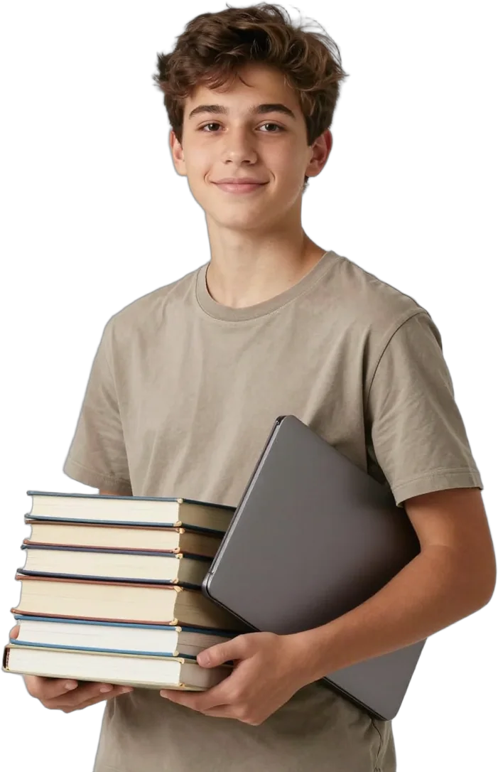 A teenage boy carrying textbooks and a laptop