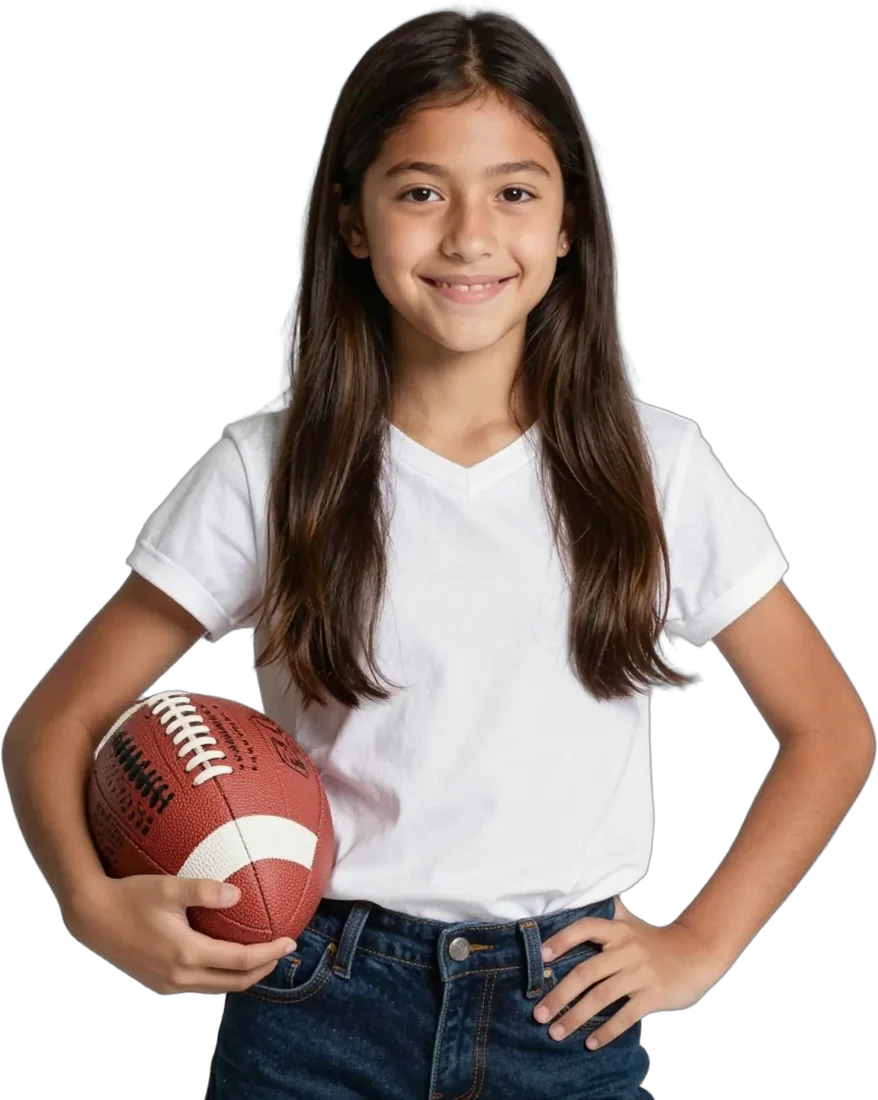 A girl in sports clothes holding a football