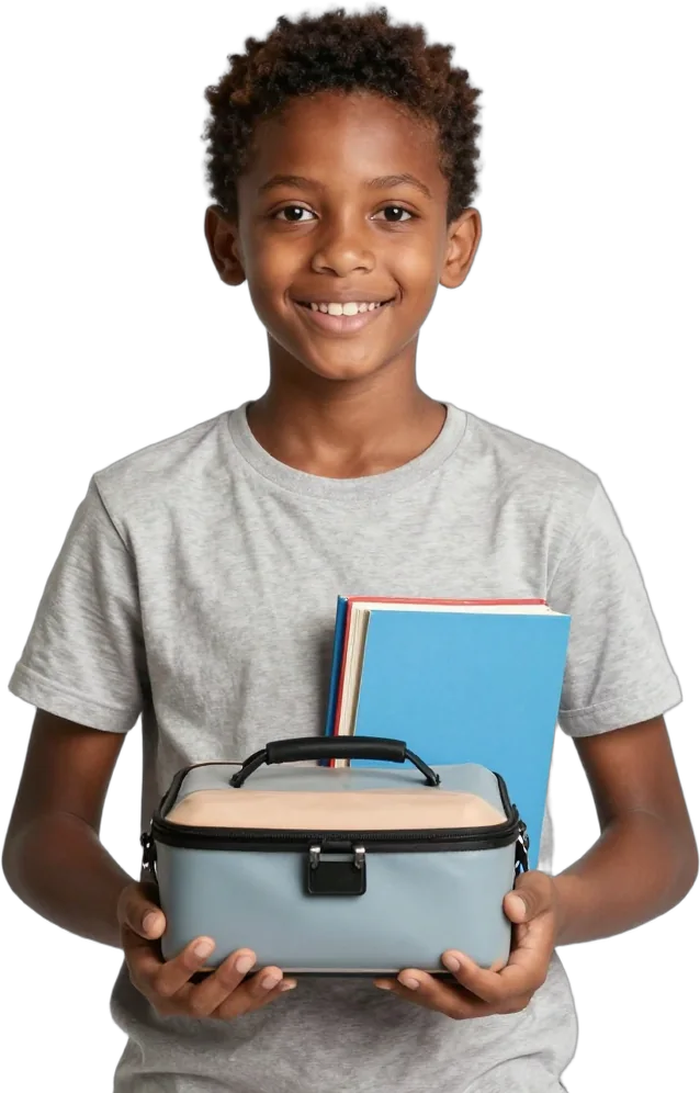 A boy holding a lunchbox and school books