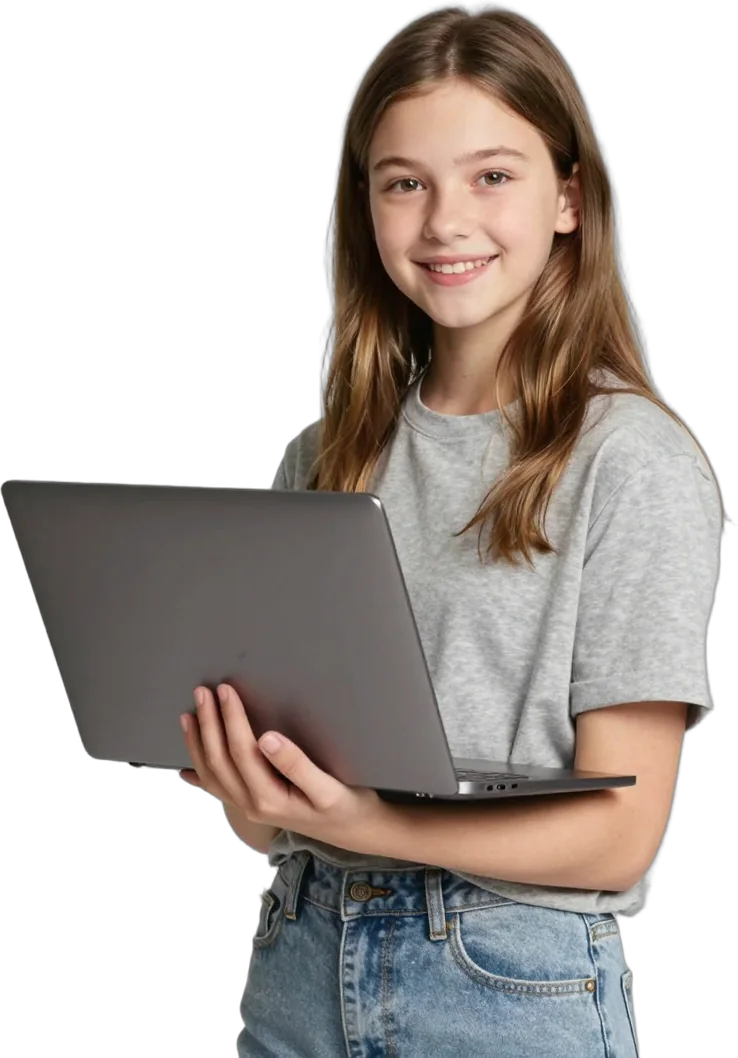 A smiling girl holding an open laptop