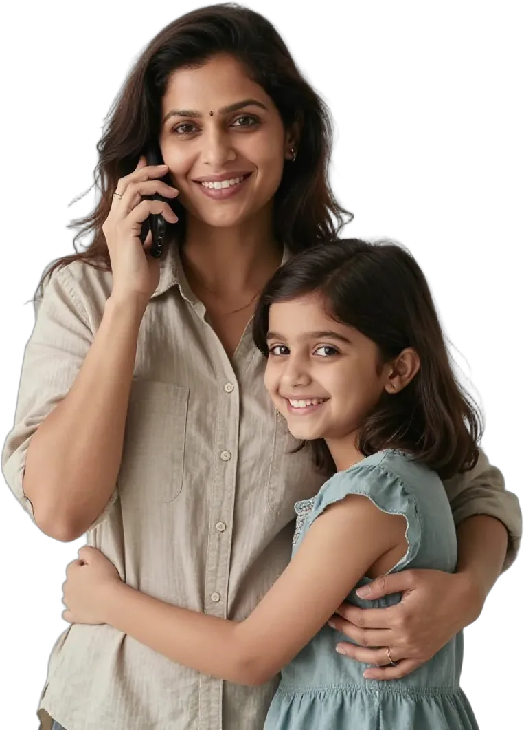 A mother on a phone call with her young daughter beside her