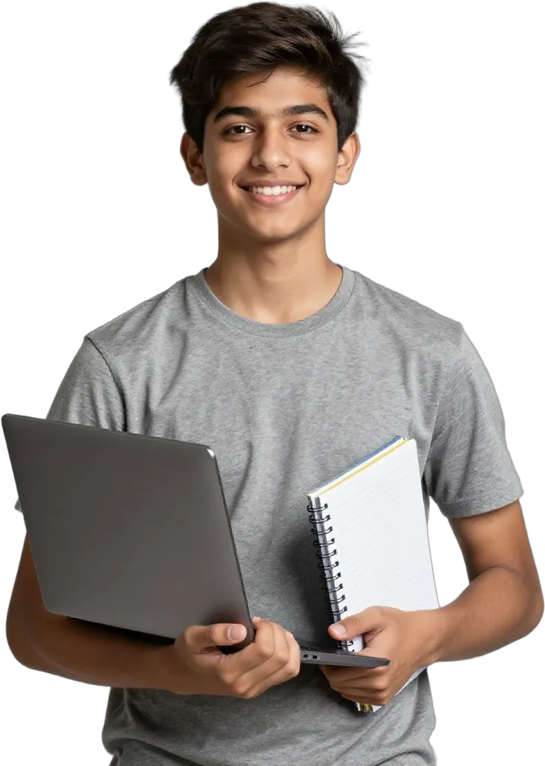A teenage boy holding a laptop and a notebook