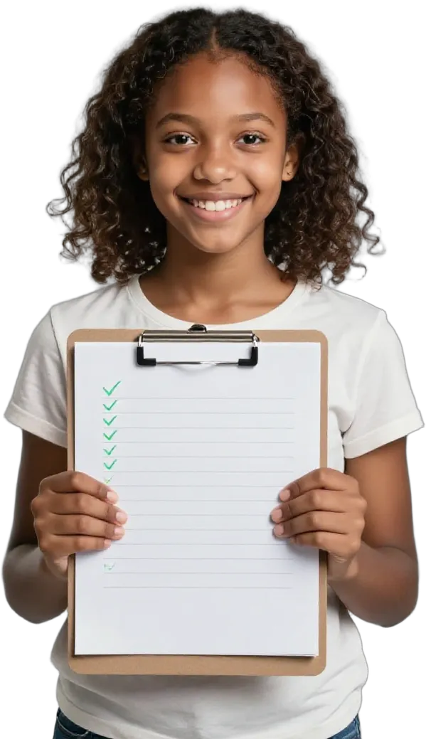 A smiling girl holding a checklist on a clipboard