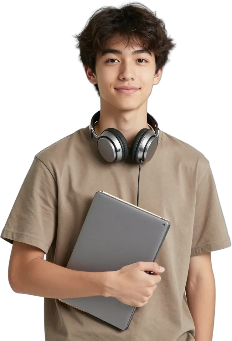 A confident teenage boy holding his laptop and notebook