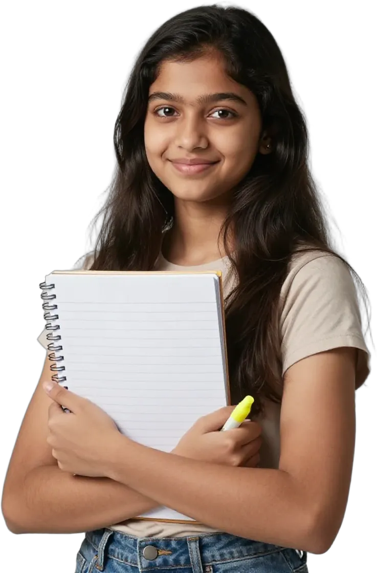 A confident teenage girl holding her revision notebook and a highlighter