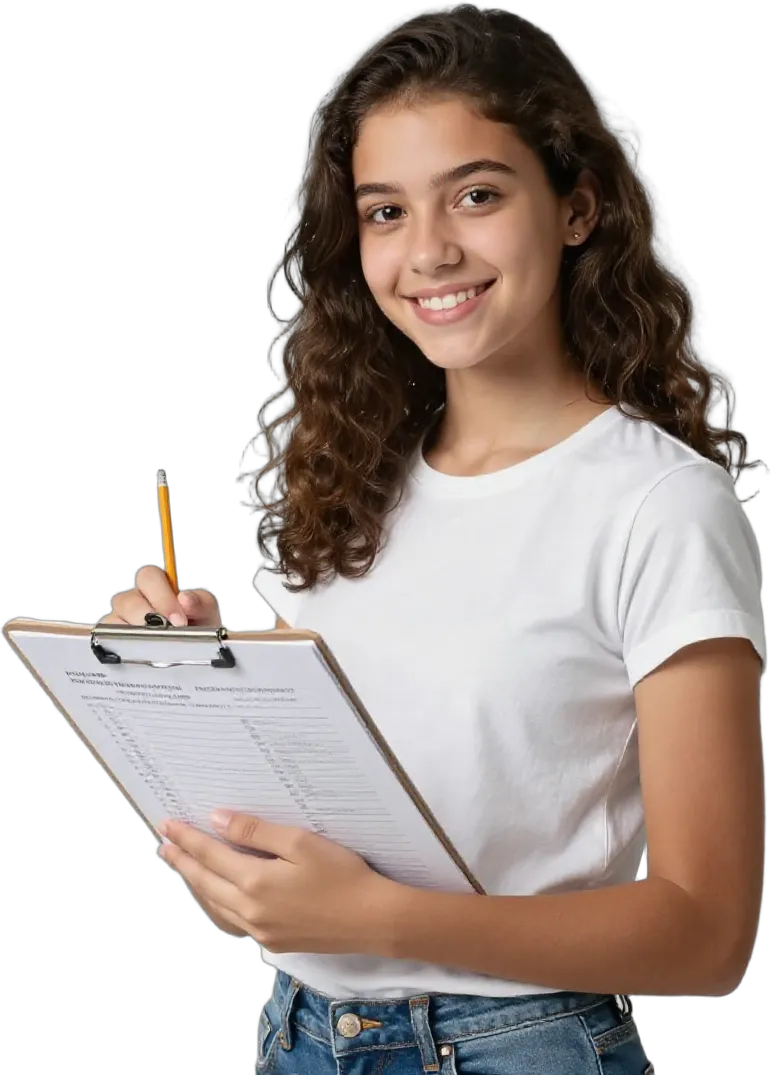 A teenage girl holding a clipboard with an answer sheet and a pencil
